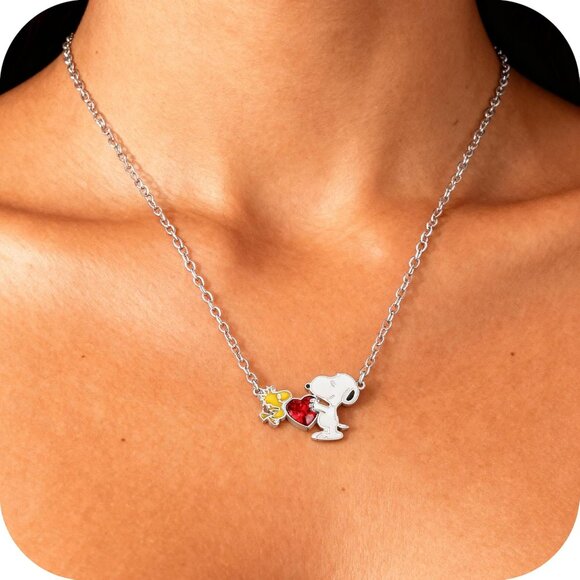 Snoopy & Woodstock Necklaces Silver Flash-Plated Red Crystal or Charm Accents - Picture 1 of 7